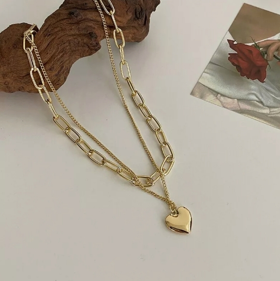 Double Layer Women Jewelry Gold Heart Charms Pendant Necklace New - Picture 5 of 11